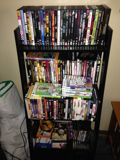 During that time, I reorganized the DVD collection. Bottom shelf are the missing DVDs. 